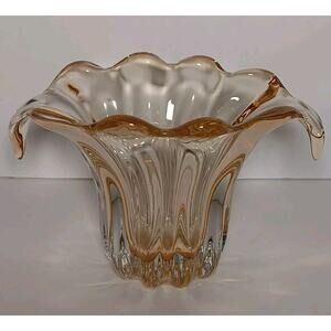 Vintage Ribbed Amber Art Glass Vase Drip Waterfall Tulip Container 6"H